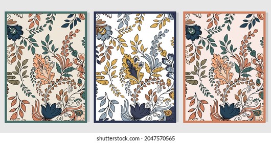 vintage decorative paisley seamless pattern small and big flowers leaves frame greeting card