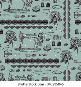 Vintage decorative pattern with  accessories for needlework. Hand drawing. Seamless for fabric design, gift wrapping paper and printing and web projects.