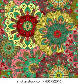 Vintage decorative pattern. Islam, Arabic, Indian, ottoman motifs. Perfect for printing on fabric or paper. Can be used for greeting card or booklet background. Pink, green, dark red, yellow colors