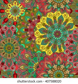 Vintage decorative pattern. Islam, Arabic, Indian, ottoman motifs. Perfect for printing on fabric or paper. Can be used for greeting card or booklet background. Pink, green, dark red, yellow colors