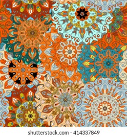 Vintage decorative pattern. Islam, Arabic, Indian, ottoman motifs. Perfect for printing on fabric or paper. Can be used for greeting card or booklet background. Blue and orange colors