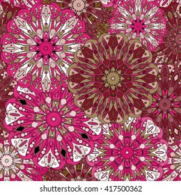 Vintage decorative pattern. Islam, Arabic, Indian, ottoman motifs. Perfect for printing on fabric or paper. Can be used for greeting card or booklet background. Pink and burgundy colors