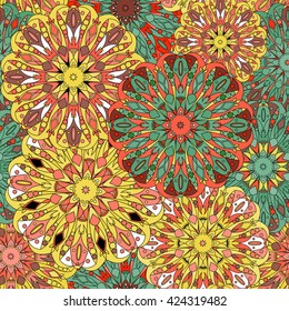 Vintage decorative pattern. Islam, Arabic, Indian, ottoman motifs. Perfect for printing on fabric or paper. Can be used for greeting card or booklet background. Yellow, green and pink colors