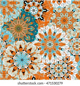 Vintage decorative pattern. Islam, Arabic, Indian, ottoman motifs. Perfect for printing on fabric or paper. Can be used for greeting card or booklet background. Blue and orange colors