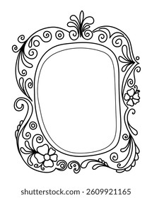 Vintage decorative photo frame, painting or mirror. Monochrome retro design. A vector graphic template in the style of a doodle with an empty space for illustration or text.