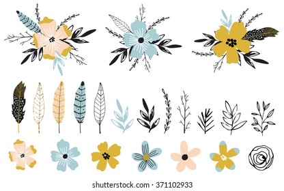 Vintage decorative plants and flowers collection. Hand drawn vector design elements. Template for Scrapbooking, Stickers, Planner, Invitations. Autumn florals