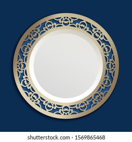 Vintage decorative plate with ornamental border pattern on blue background, cutout paper label with decorative floral pattern, vector illustration