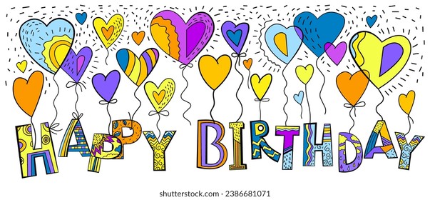 Vintage decorative postcard in iconic hand drawn pop art style. Joyful celebration. Colourful card with different inflatable helium balloons. Landscape vector illustration isolated on white background