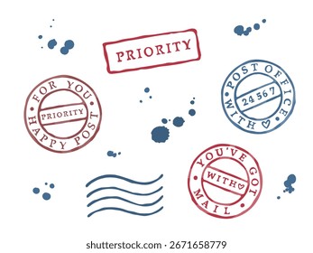 Vintage decorative postmarks, priority labels with ink blots and splashes. Hand-drawn vector illustration in flat style. Perfect for mail design, scrapbooking, postcards, and retro stationery.