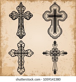 Vintage decorative religious crosses set of different shapes on old parchment paper background isolated vector illustration