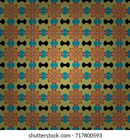 Vintage decorative repainting art with boho chic style and ethnic motifs in blue, orange, neutral colors. Vector seamless pattern with rhombus and tiles.