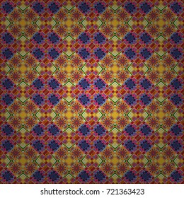 Vintage decorative repainting art with boho chic style and ethnic motifs in orange, blue and pink colors. Abstract geometric squares with round symmetry. Vector seamless pattern with rhombus and tiles