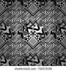 Vintage decorative repainting art with boho chic style and ethnic motifs in white, gray and black colors. Abstract geometric squares with round symmetry. Vector seamless pattern with rhombus and tiles
