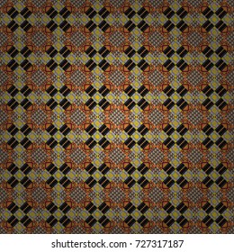 Vintage decorative repainting art with boho chic style and ethnic motifs in brown, black, yellow colors. Abstract geometric squares with round symmetry. Vector seamless pattern with rhombus and tiles.