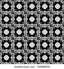 Vintage decorative repainting art with boho chic style and ethnic motifs in gray, black and white colors. Abstract geometric squares with round symmetry. Vector seamless pattern with rhombus and tiles