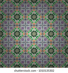 Vintage decorative repainting art with ethnic motifs. Abstract geometric squares with round symmetry. Vector seamless pattern with rhombus and tiles.