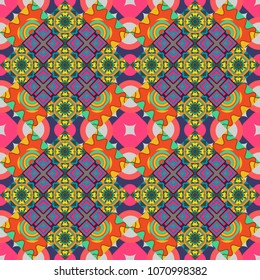 Vintage decorative repainting art with ethnic motifs in pink, blue and yellow colors. Abstract geometric squares with round symmetry. Vector seamless pattern with rhombus and tiles.