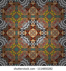 Vintage decorative repainting art with ethnic motifs in gray, blue and brown colors. Abstract geometric squares with round symmetry. Vector seamless pattern with rhombus and tiles.