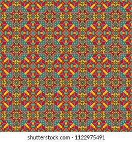 Vintage decorative repainting art with ethnic motifs in blue, orange and pink colors. Abstract geometric squares with round symmetry. Vector seamless pattern with rhombus and tiles.