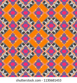 Vintage decorative repainting art with ethnic motifs in gray, pink and orange colors. Abstract geometric squares with round symmetry. Vector seamless pattern with rhombus and tiles.