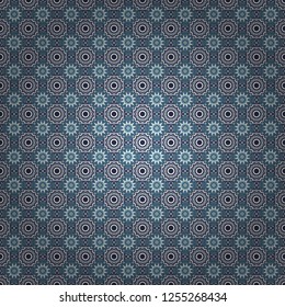 Vintage decorative repainting art with ethnic motifs in white, blue and gray colors. Vector seamless pattern with rhombus and tiles. Abstract geometric squares with round symmetry.
