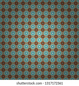 Vintage decorative repainting art with ethnic motifs in blue, orange and black colors. Vector seamless pattern with rhombus and tiles. Abstract geometric squares with round symmetry.