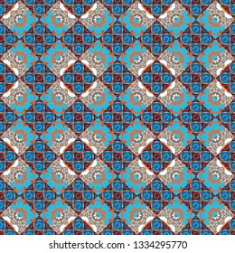 Vintage decorative repainting art with ethnic motifs in magenta, blue and red colors. Abstract geometric squares with round symmetry. Vector seamless pattern with rhombus and tiles.
