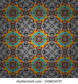 Vintage decorative repainting art with ethnic motifs in blue, gray and yellow colors. Abstract geometric squares with round symmetry. Vector seamless pattern with rhombus and tiles.