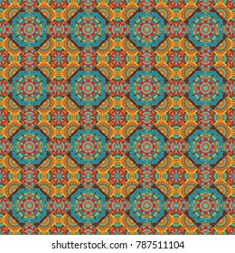 Vintage decorative repainting art with ethnic motifs in blue, orange and brown colors. Abstract geometric squares with round symmetry. Vector seamless pattern with rhombus and tiles.