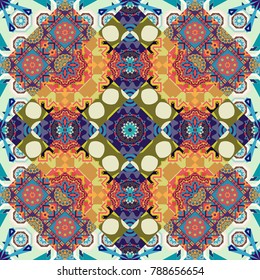 Vintage decorative repainting art with ethnic motifs in blue, orange and beige colors. Abstract geometric squares with round symmetry. Vector seamless pattern with rhombus and tiles.