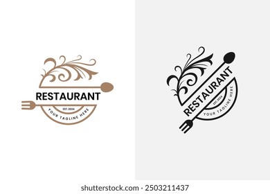 Diseño de insignia de logotipo de restaurante decorativo vintage. Diseño de logotipo de sello simple retro de restaurante para alimentos, Plantilla de logotipo de cafeterías