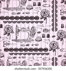 Vintage decorative seamless  with  accessories for needlework. Hand drawing. Seamless for fabric design, gift wrapping paper and printing and web projects.