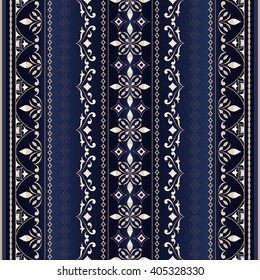 Vintage decorative seamless beige border on dark blue.  Ornate element for design. Ornamental lace pattern for invitations and greeting cards. Traditional floral decor.