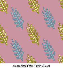 Vintage decorative seamless pattern with blue and green colored leaf branches elements. Pink background. Designed for fabric design, textile print, wrapping, cover. Vector illustration.