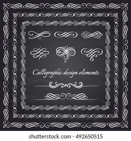 Vintage decorative swirls design elements set, ornamental vintage frames, borders calligraphic and page decoration signs. Isolated on chalkboard background. Vector illustration. 