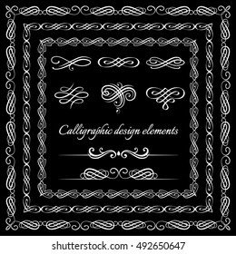 Vintage decorative swirls design elements set, ornamental vintage frames, borders calligraphic and page decoration signs. Isolated on black background. Vector illustration. 