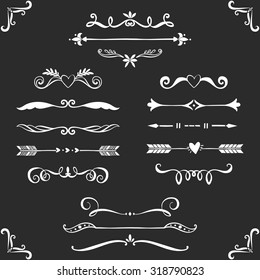 Vintage decorative text dividers collection. Hand drawn vector design elements. Black background.
