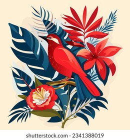 Vintage decorative tropical flowers and exotic fire red color birds, floral pattern design, elements for holiday cards, frames, border vector illustration