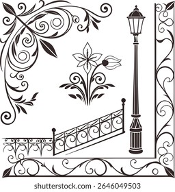 Vintage Decorative Vector Elements | Floral Corners, Railing, Lamp Post And Ornaments