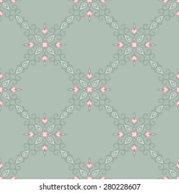 Vintage decorative vector seamless texture in Victorian style. Element for design. Ornamental backdrop. Ornate floral decor for wallpaper. Traditional decor on green background.