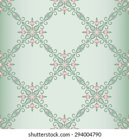 Vintage decorative vector seamless texture in Victorian style. Element for design. Ornamental backdrop. Ornate floral decor for wallpaper. Traditional decor on Light green background.