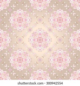 Vintage decorative vector seamless texture in Victorian style. Element for design. Ornamental backdrop. Ornate floral decor for wallpaper. Traditional decor on Beige background.  
