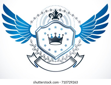 Vintage decorative winged emblem composed using lily flower, monarch crown and stars, heraldic vector.