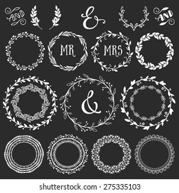 Vintage decorative wreaths and laurels with lettering. Hand drawn vector design wedding set.