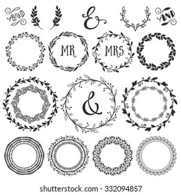 Vintage decorative wreaths and laurels with lettering. Hand drawn vector design wedding set.