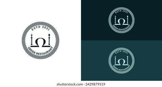 Vintage Deep Green Greek Restaurant Logo with Ancient pillar column, Laurel Wreath, and border pattern ornament logo in deep green color presented with multiple white and deep green background colors.