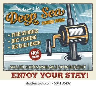 Vintage Deep Sea Fishing Poster With Fishing Rod In The Open Sea On The Boat. With Grunge Texture. Layered, Separate Text And Texture.