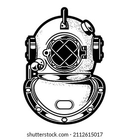 Vintage deep-sea diving helmet, heavy metal scuba headpiece, submergence equipment, vector