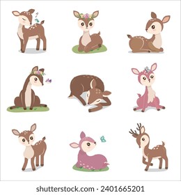 Vintage deer in different poses illustrations set.