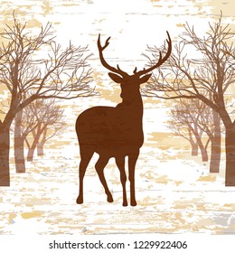 Vintage deer drawign with trees. Hand-drawn vector vintage illustration.